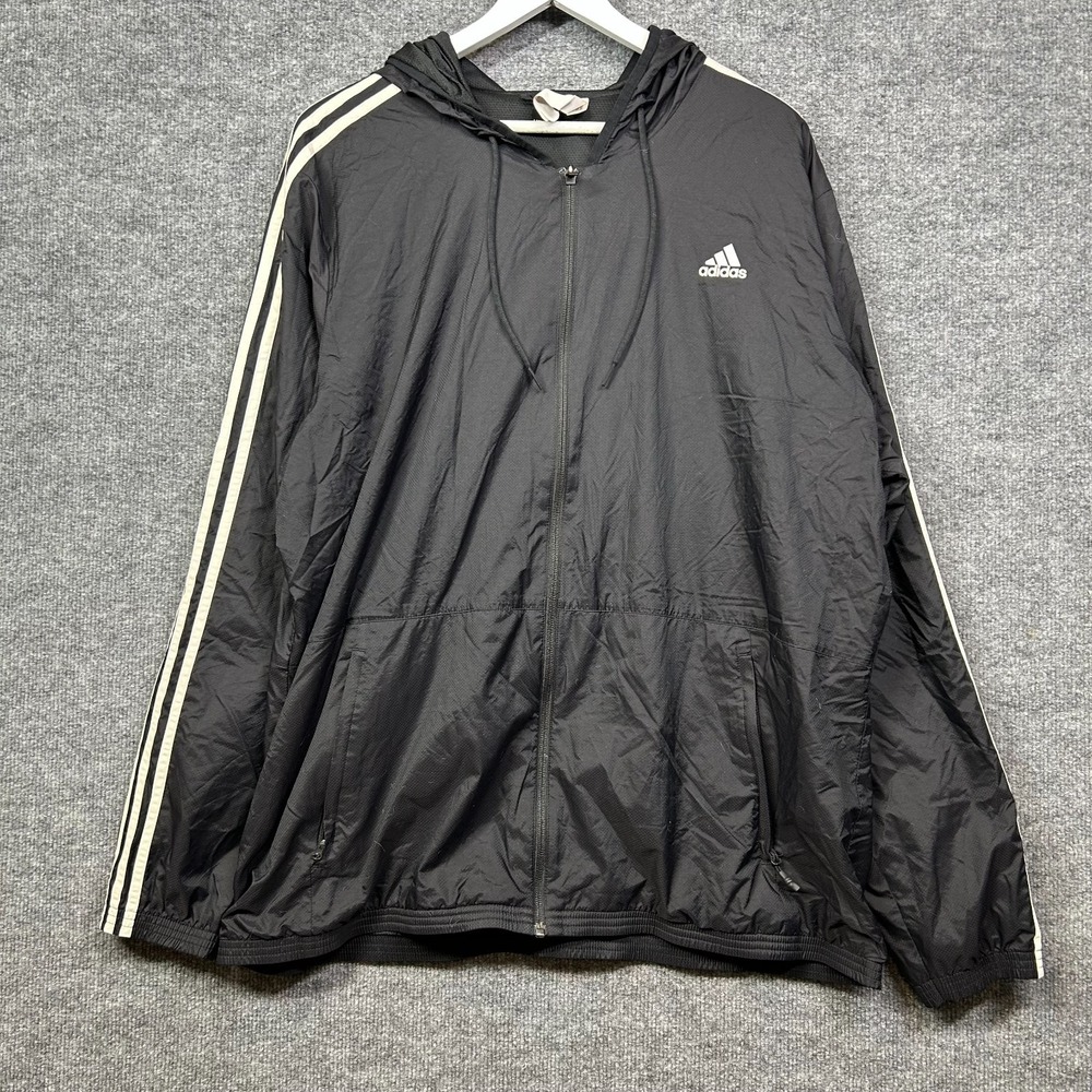 Adidas Windbreaker Jacket Men's Black Full Zip Drawstring Lined Hooded - 2XL